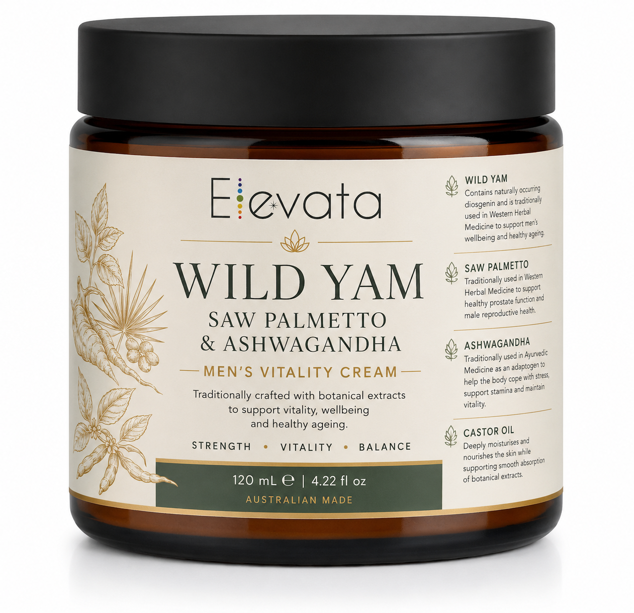 Wild Yam Cream for Men with Saw Palmetto & Ashwagandha | Elevata